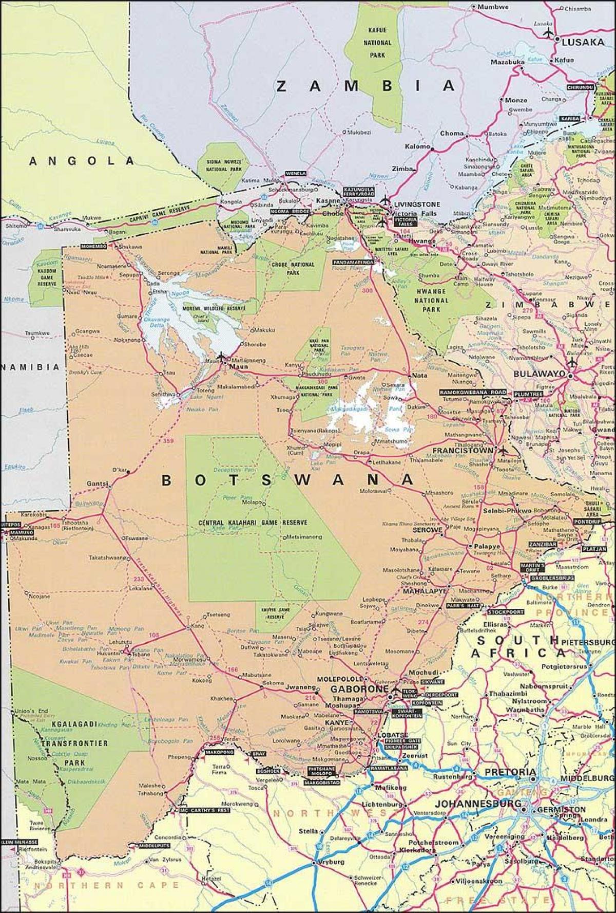 mapa de carreteres de Botswana