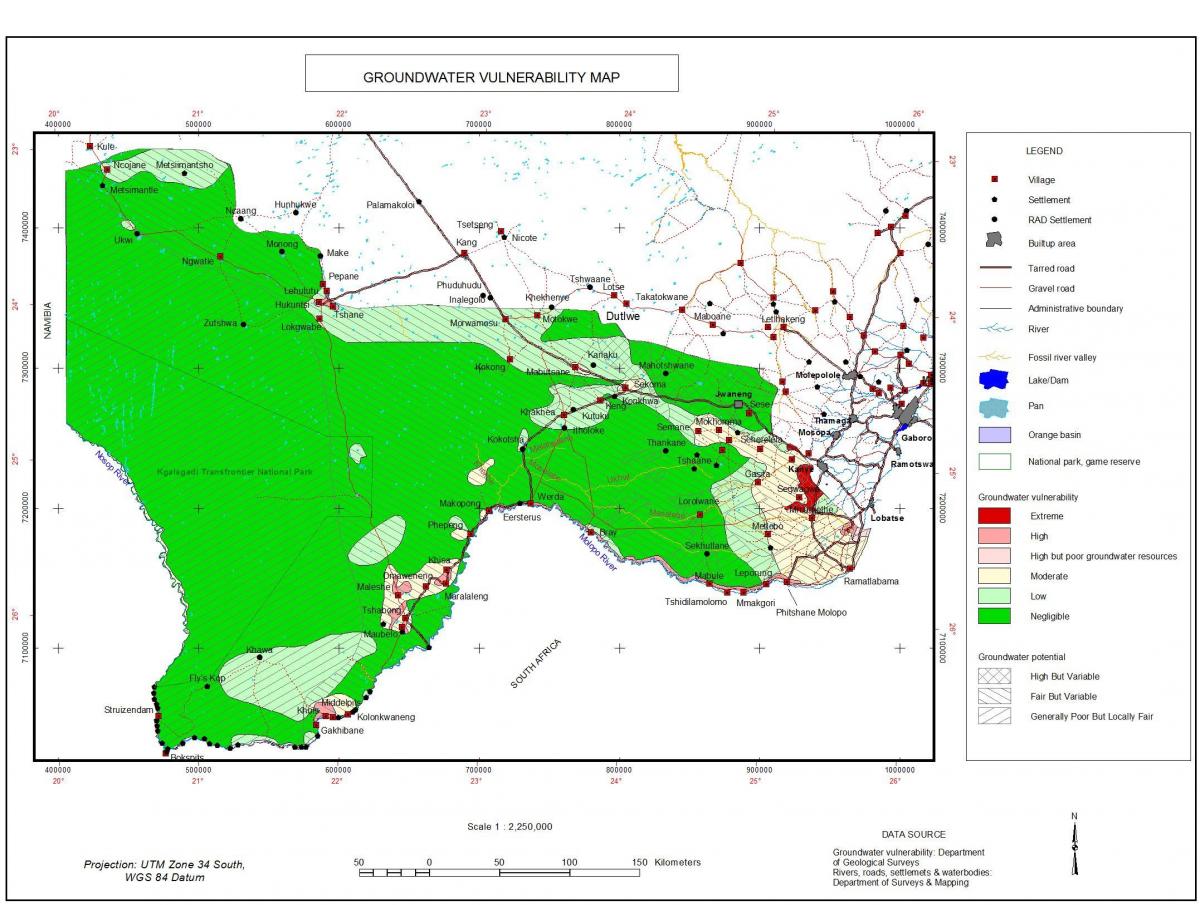 mapa de Botswana d'aigua subterrània
