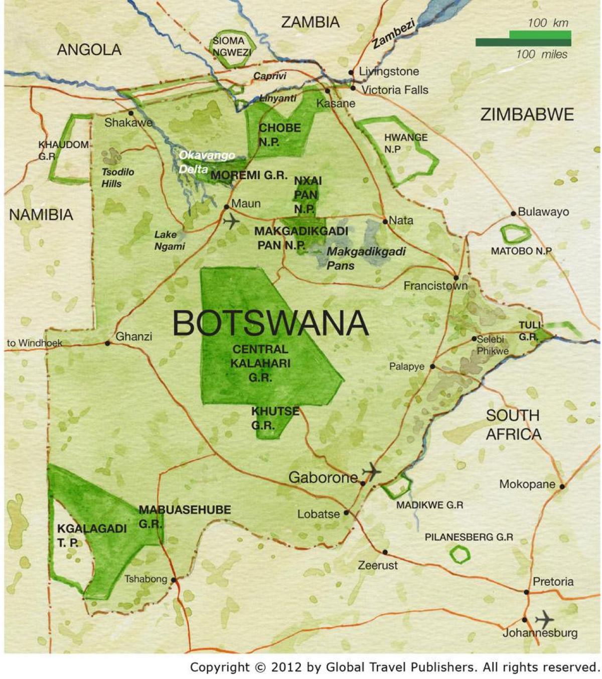 mapa de Botswana reserves de caça