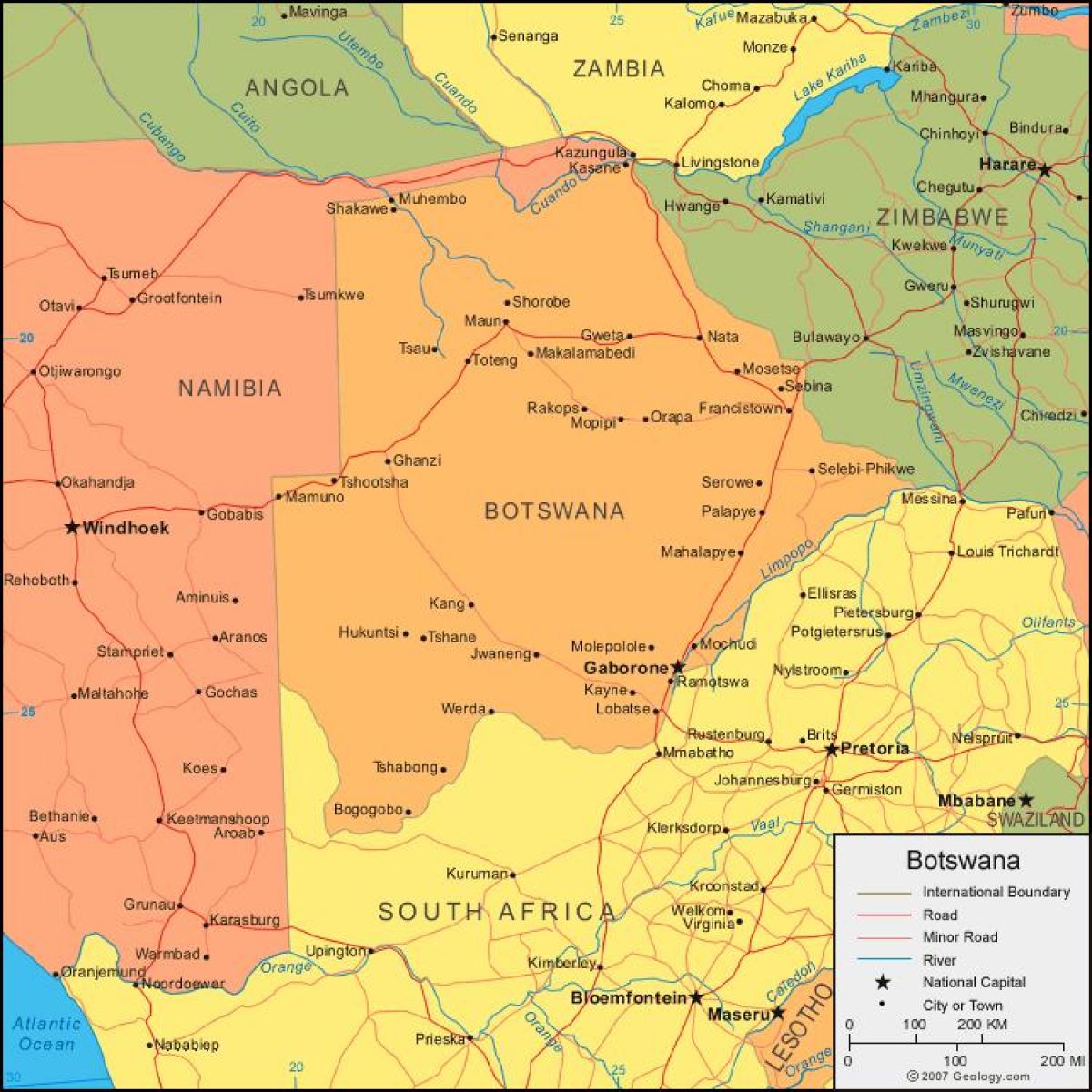 mapa de Botswana mostrant tots els pobles