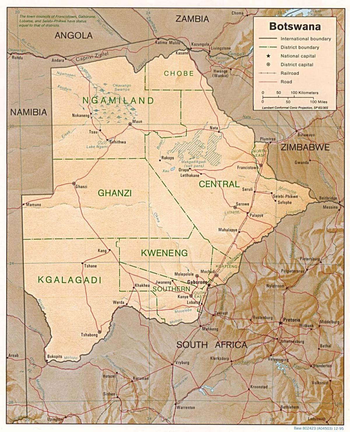 mapa de Botswana mostrant ciutats i pobles